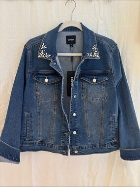 Express Dark Blue Denim Jacket with Crystal Collar Embellishment